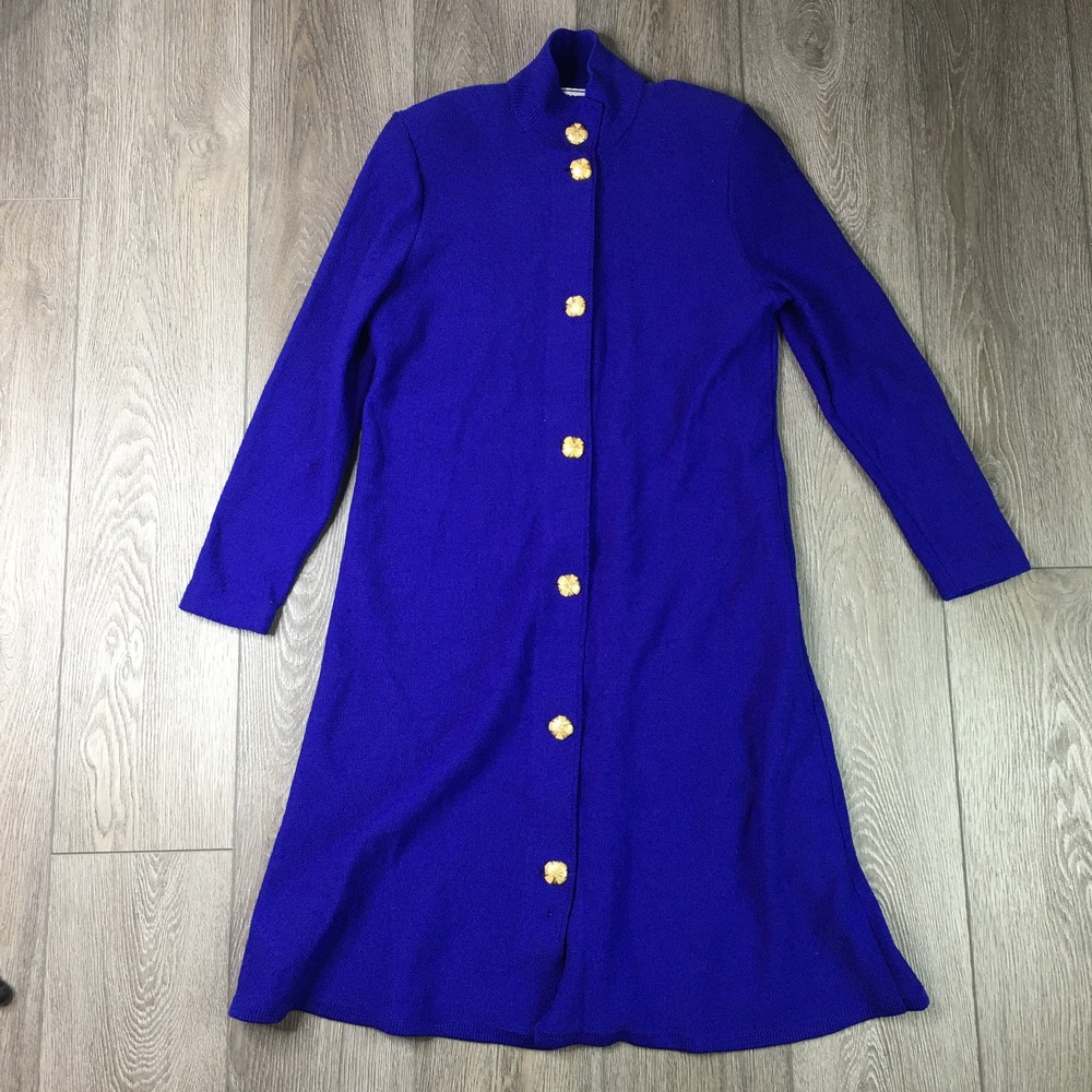 Vintage Alnoral By Al Spokavicius Gold Button Front Wool Knit Dress Blue Small